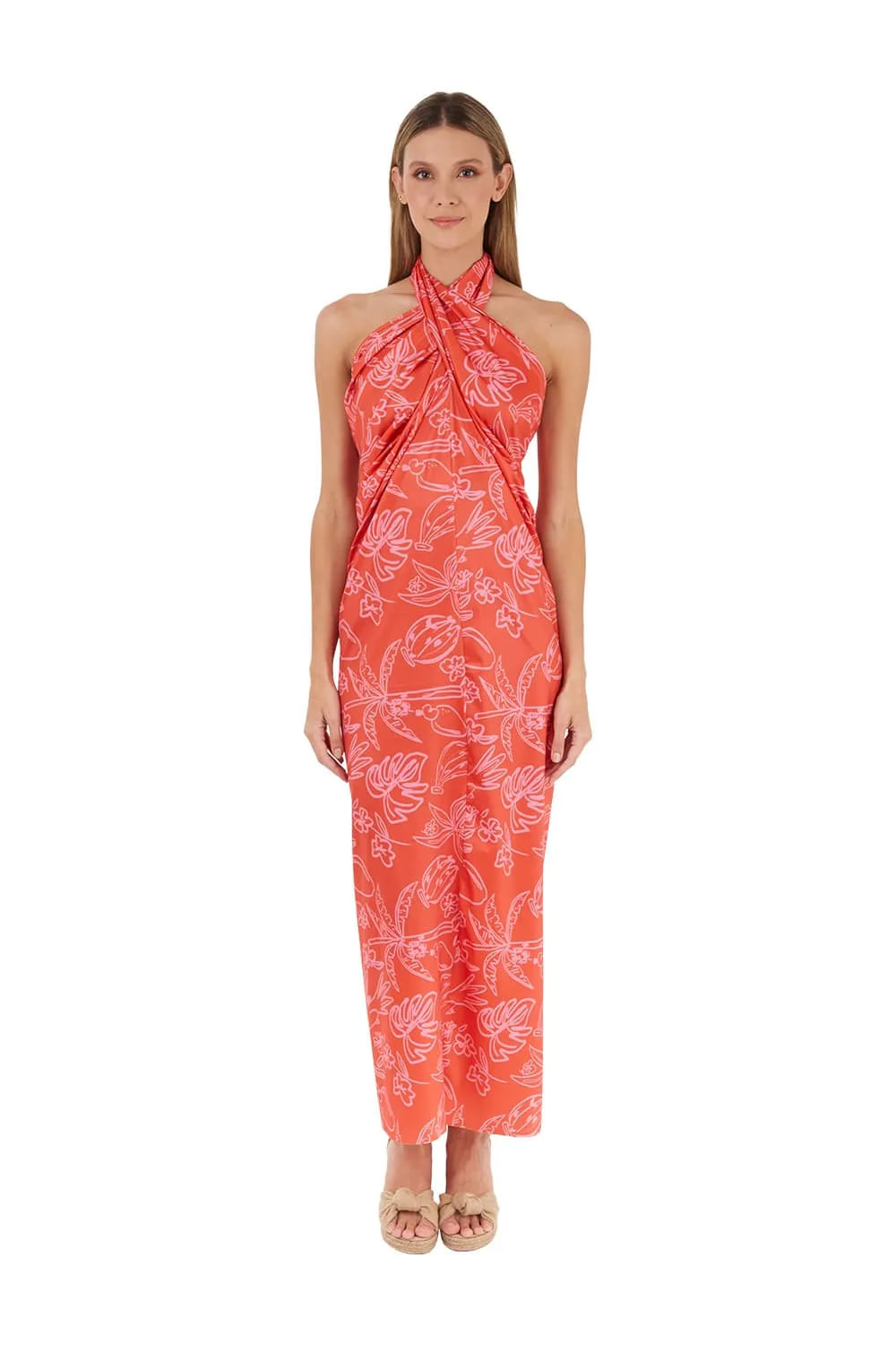Vestido Largo Tropico Estampado Coral