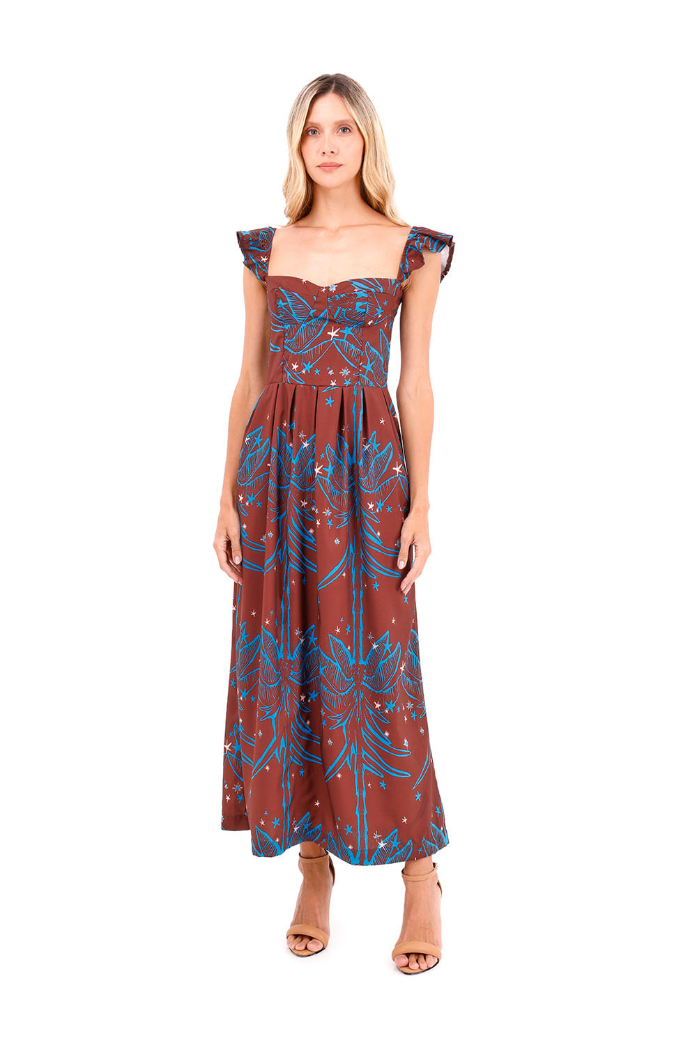 Vestido Largo Flora Palmeras Terracota