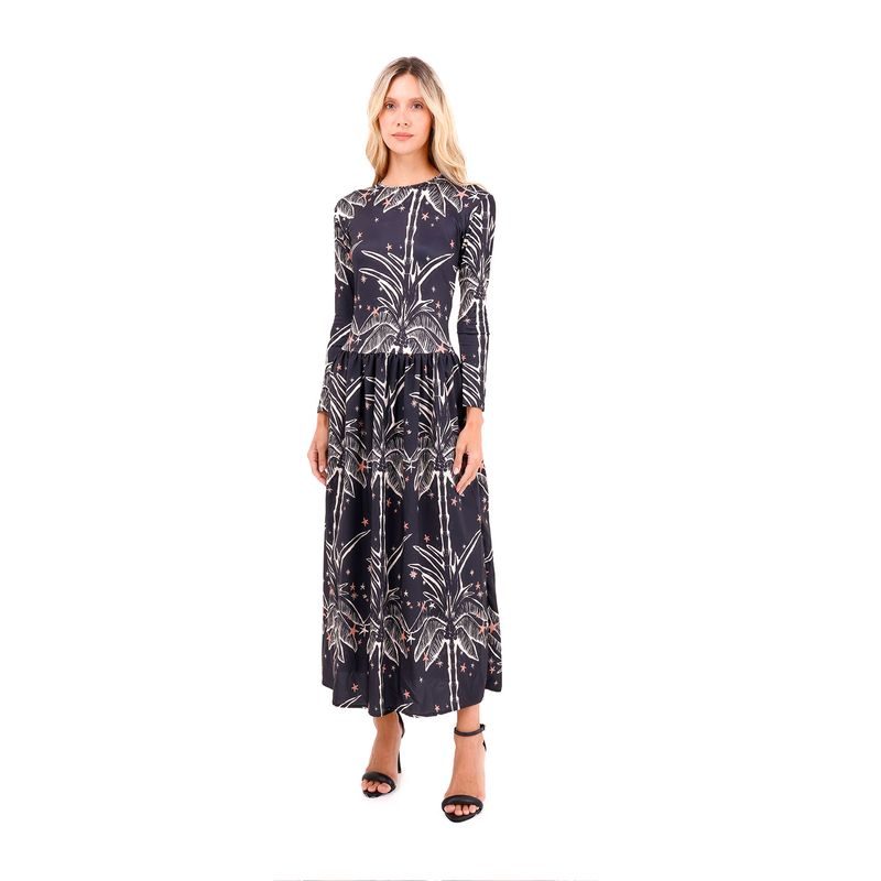 Vestido Largo Boheme Palmeras Negro