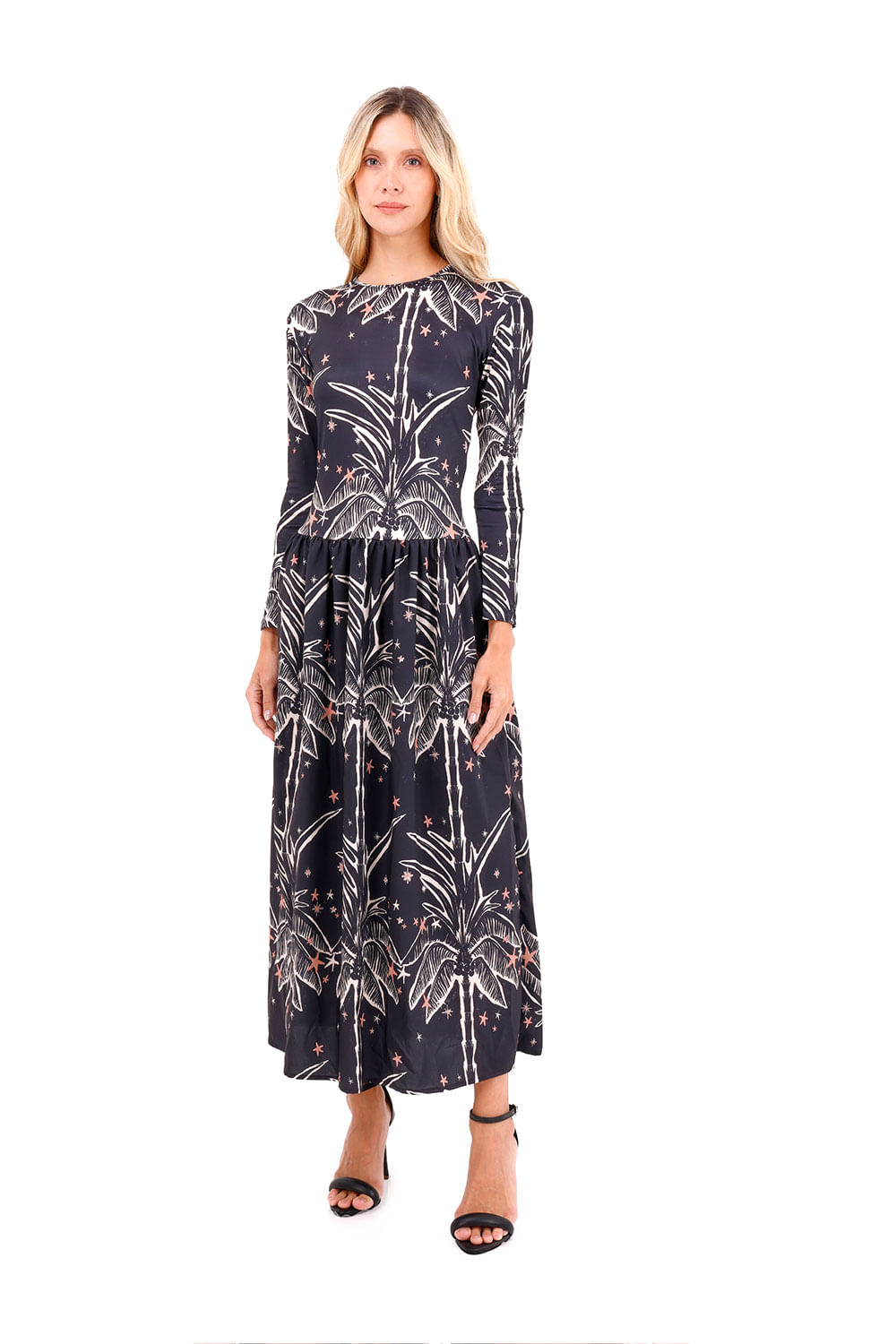 Vestido Largo Boheme Palmeras Negro