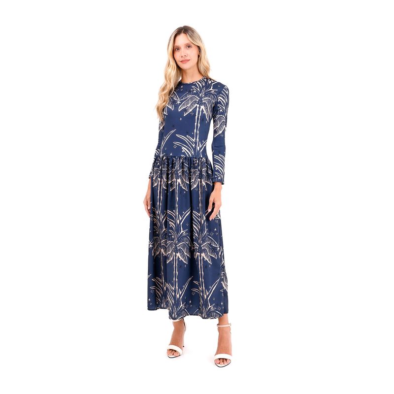 Vestido Largo Boheme Palmeras Azul