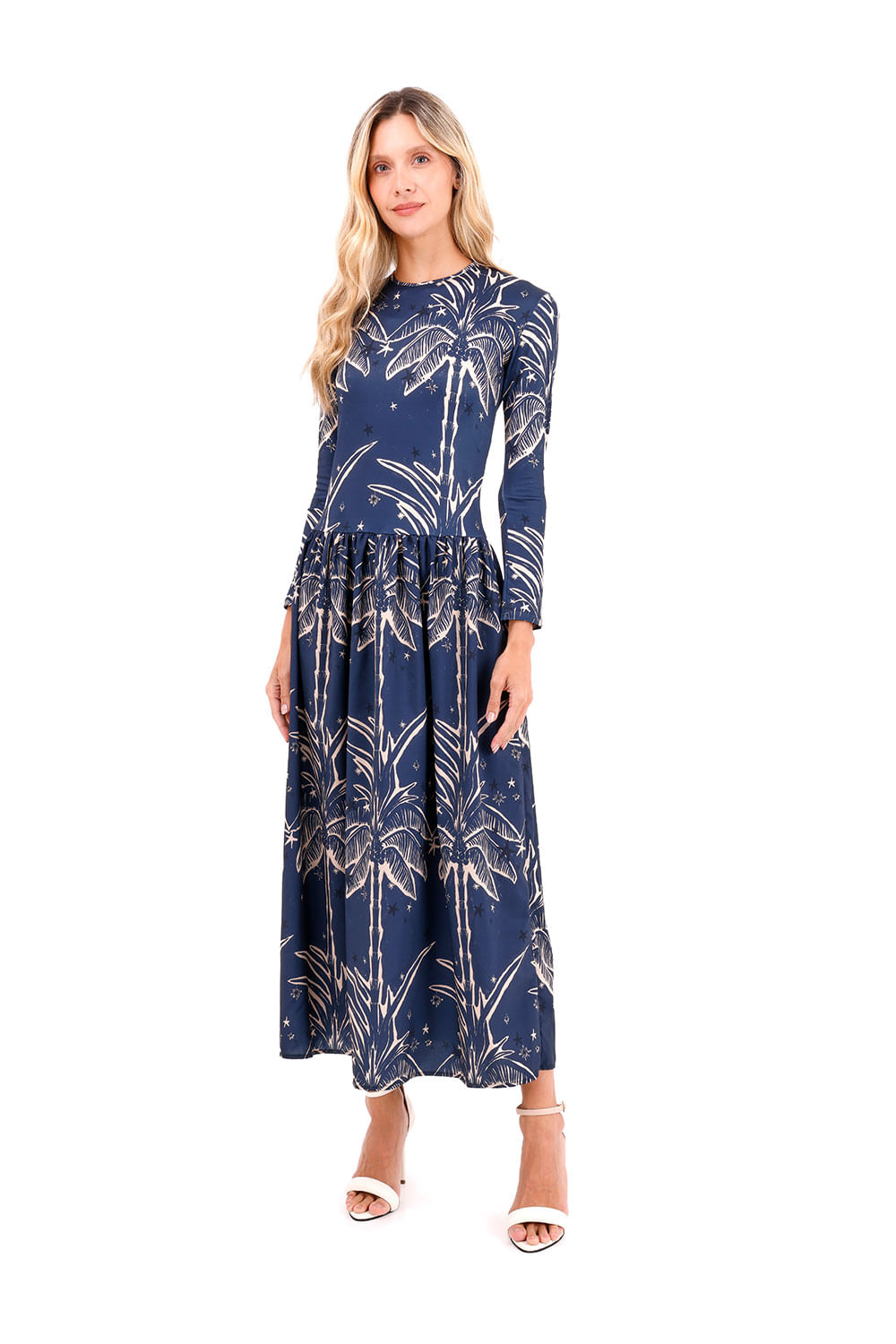 Vestido Largo Boheme Palmeras Azul