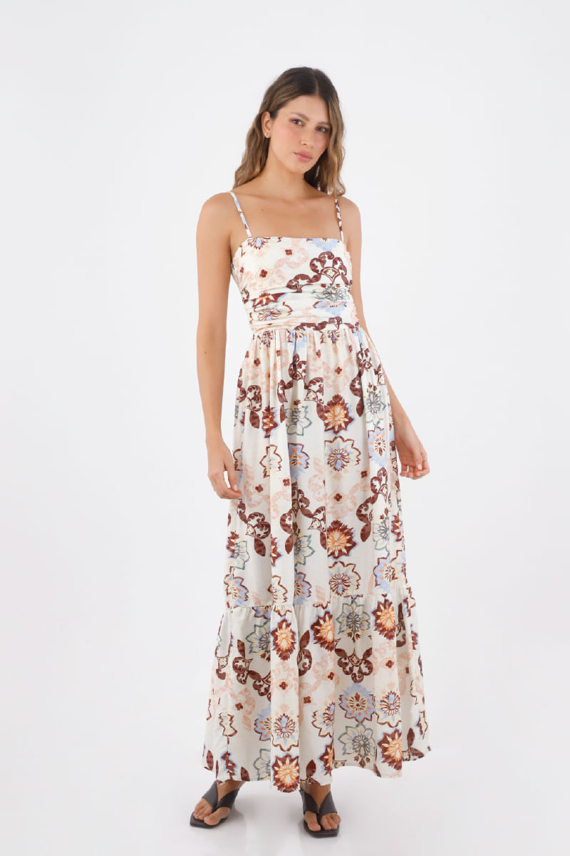 Vestido Largo Palma Estampado Marfil